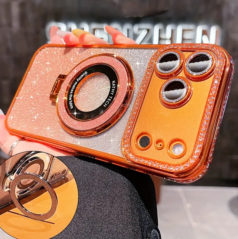 Luxury Bling Glitter Camera Rhinestone Ring Holder Gradient Sequins Plating Phone Case for iPhone