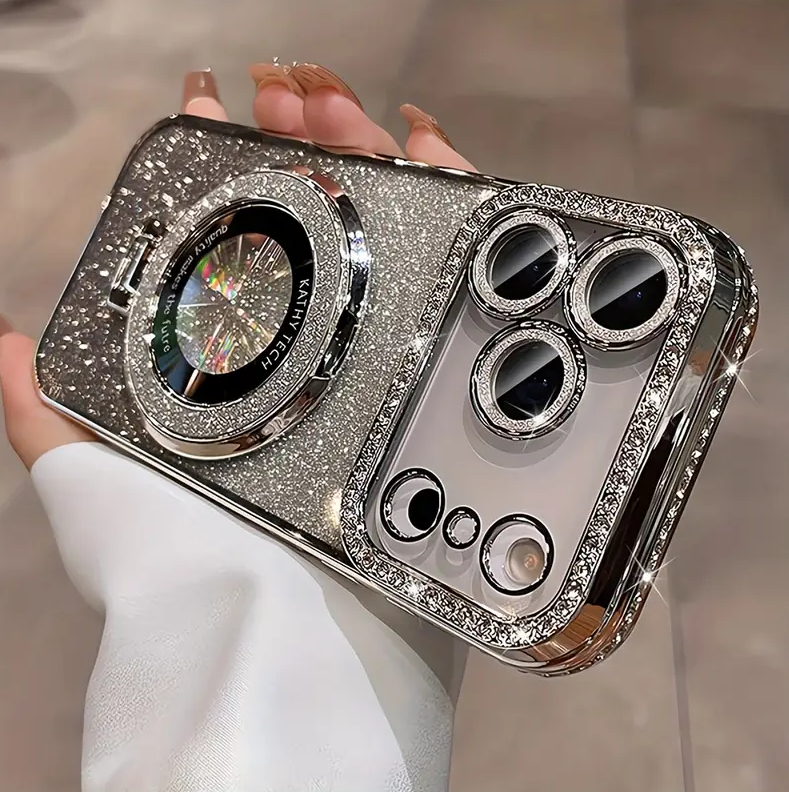 Luxury Bling Glitter Camera Rhinestone Ring Holder Gradient Sequins Plating Phone Case for iPhone