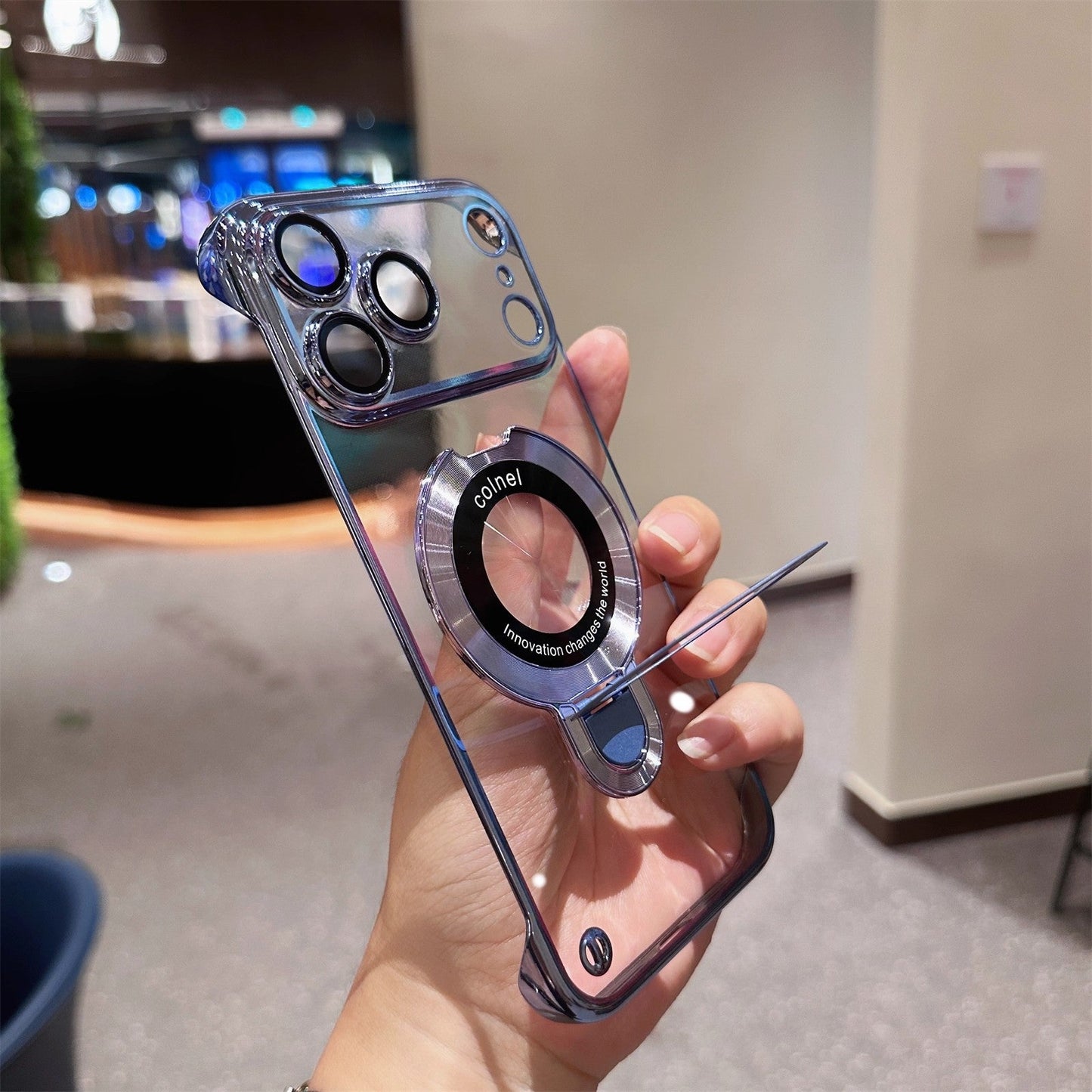 Ultra-Slim Frameless Magnetic Stand Case with Glass Lens Protector for Apple iPhone 17 / 16 / 15 Series