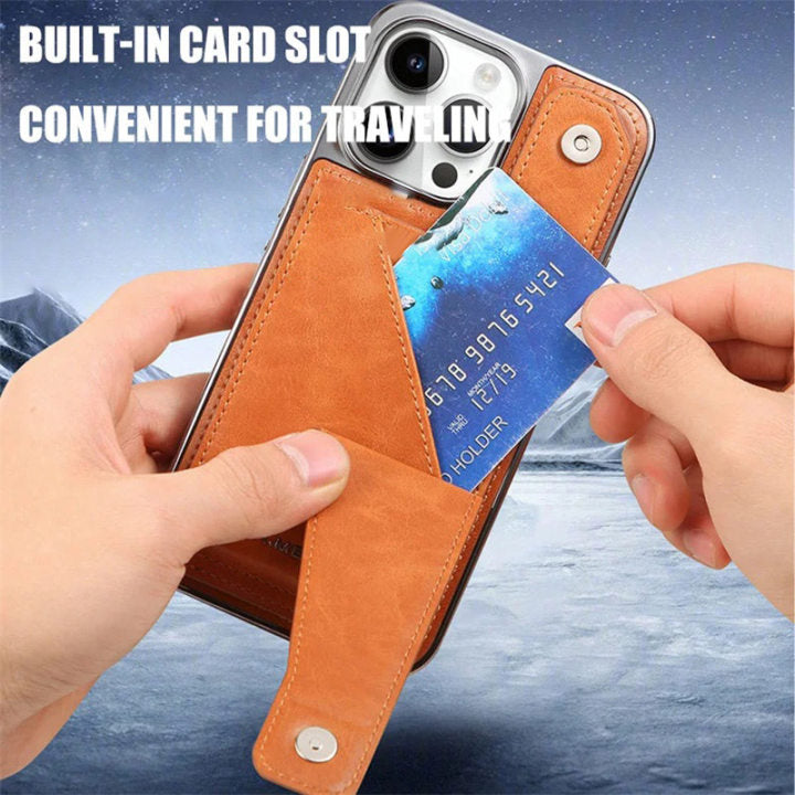Full-cover Artificial Leather Case with Wristband Stand & Card Slot Suitable for iPhone Series
